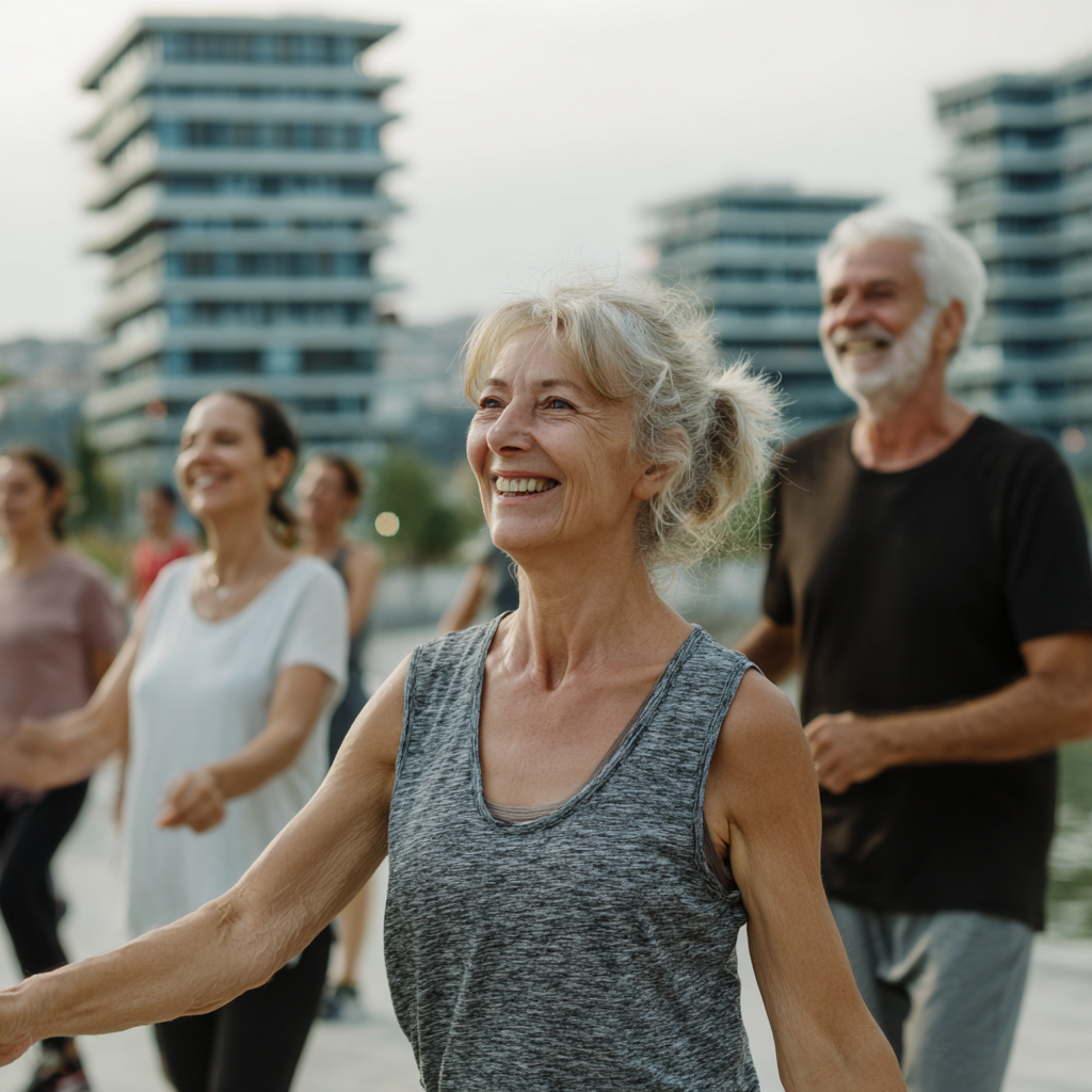Група усмихнати българи от различни възрасти правят сутрешна гимнастика в парк, заобиколени от зелена природа
